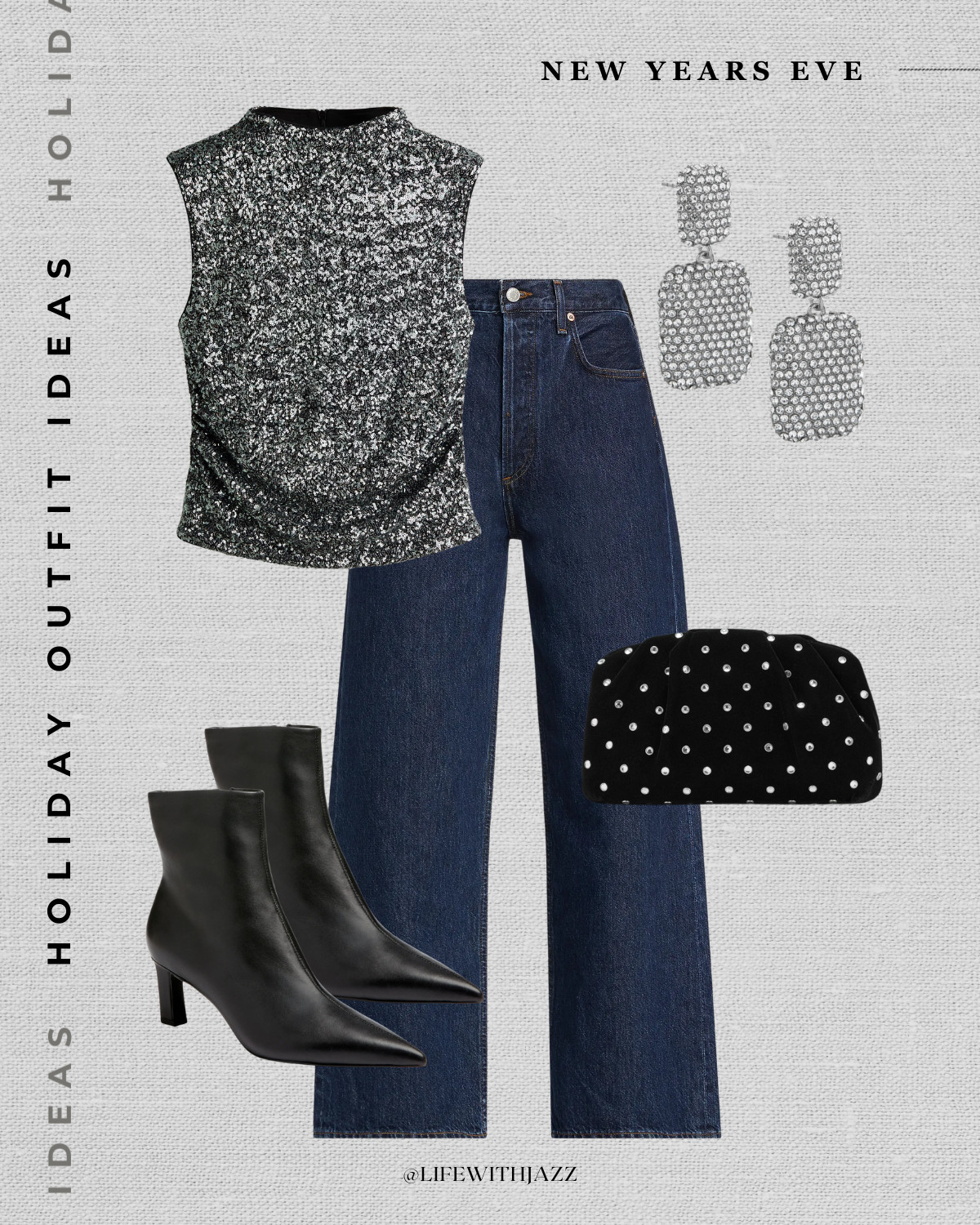  Holiday outfit idea — New Year’s Eve 

Silver top / dark blue wide leg jeans / black booties / headed clutch / silver earrings 
 

#LTKootd #LTKHoliday