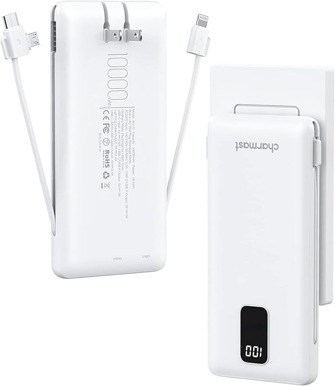 Charmast Portable Charger with Built-in Cables and AC Wall Plug, 10000mAh Ultra Slim Power Bank, ... | Amazon (US)