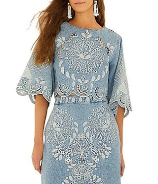 Farm Rio Denim Richelieux Embroidered Round Neckline 34 Sleeve Crop Coordinating Blouse -  L | Dillard's