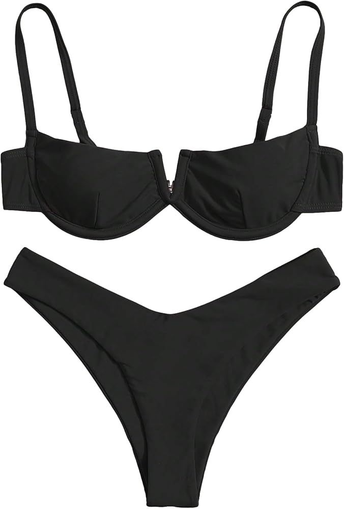 SHENHE Women's V Cut Bikini Set Underwire Sexy High Cut 2 Piece Swimsuits Bathing Suit | Amazon (US)