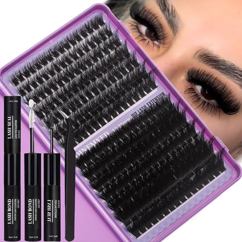 Lash Clusters Kit 100D+200D Thick Volume Eyelash Clusters Kit 12-22mm Long Cluster Lashes Eyelash Extensions Kit Individual Clusters Lashes Kit DIY at Home D Curly Lash Extension by FOINEMYED | Amazon (US)