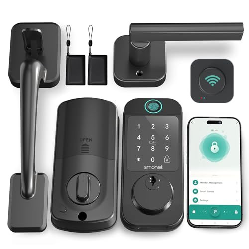 Keyless Entry Door Lock Deadbolt with Handle Set - SMONET Fingerprint WiFi Smart Deadbolt, Digital Remote Control Keypad Bluetooth Alexa Lockset with Auto Lock Code Fob App Black | Amazon (US)
