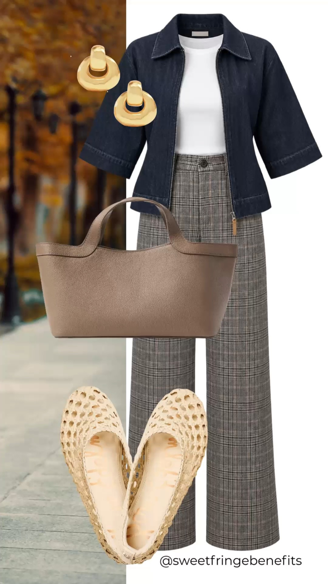 This is such a smart formula for making classic pieces feel fresh for fall. The dark denim jacket adds structure to the white top and plaid wide-leg trousers, while the taupe tote and woven flats keep the look neutral, comfortable, and polished. It’s an easy combination for the office, lunch, errands, or a casual day out.

💡 LTK MADE EASY
❤️ Heart = Support my posts!
🔖 Save = Get sale & restock alerts
📋 Lists = Keep favorites organized
📲 Share = Send lists and products to a friend. Hello, Christmas List!
💬 Comment = Ask me anything about what I'm wearing.:-)

#LTKootd #LTKSeasonal #LTKOver40