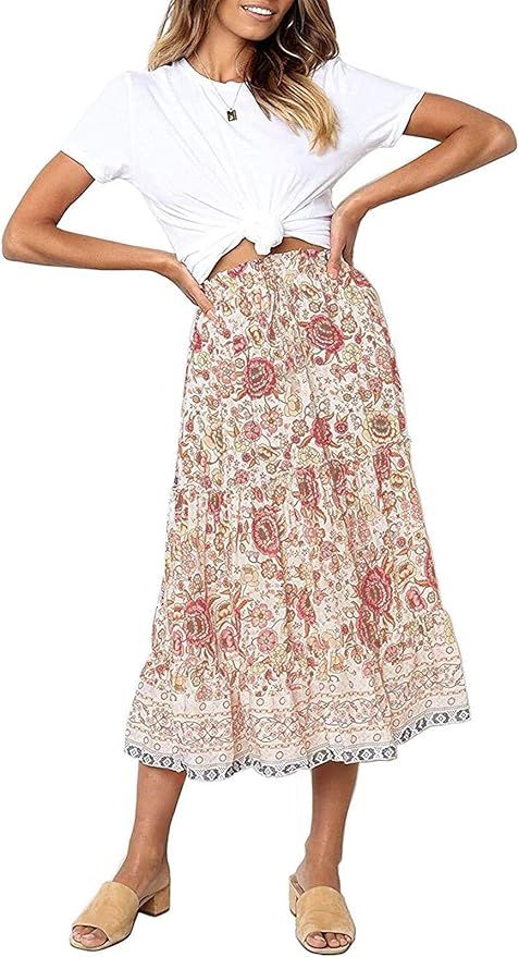 ZESICA Women's Bohemian Floral Printed Elastic Waist A Line Maxi Skirt with Pockets | Amazon (US)