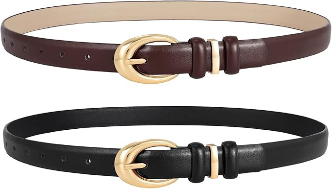 LEACOOLKEY 2 Pack Women Leather Belts for Jeans Dress Fashion Skinny Belt with Gold Silver Buckle | Amazon (US)