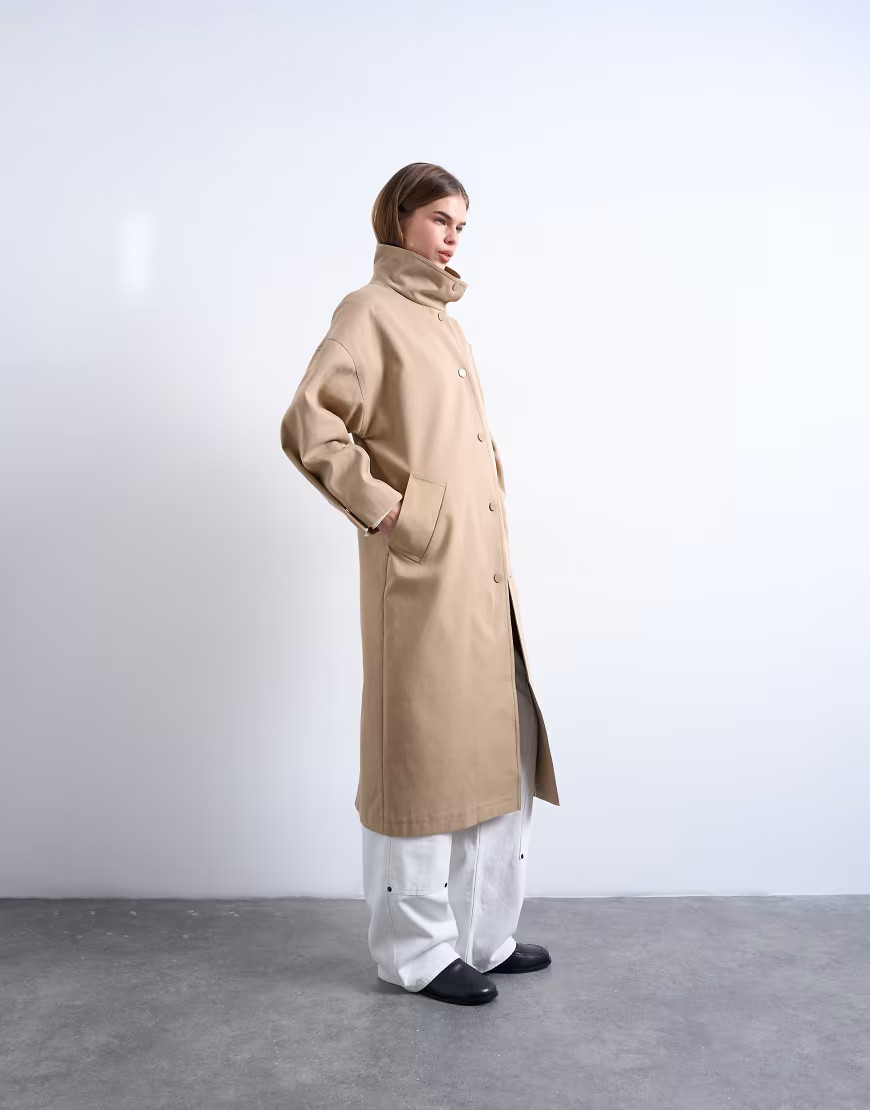 Topshop oversized clean funnel neck trench coat in beige-Neutral | ASOS (Global)