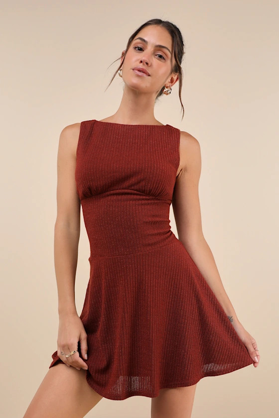 Modern Moves Brick Red Ribbed Knit Sleeveless Mini Dress | Lulus