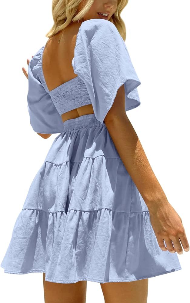 OWNGIGI Women's Summer Dresses Square Neck Short Sleeve Cutout Crossover Elastic Waist Casual Par... | Amazon (US)