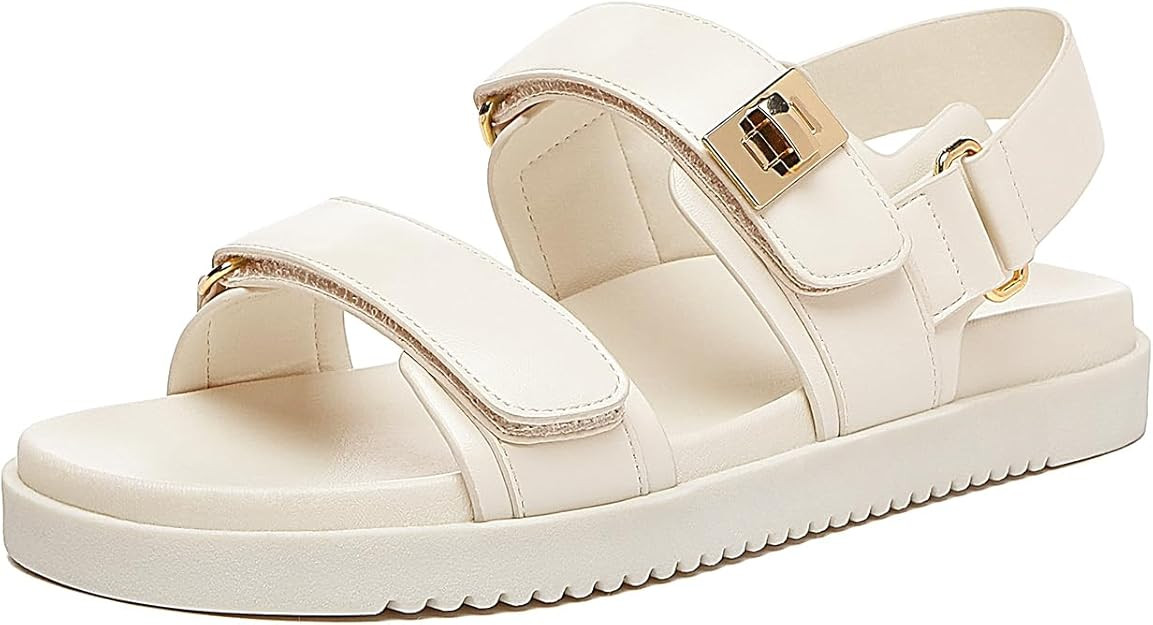 Women's Flat Sandals Comfort Adjustable Double Strap Slip on Leather Footbed Sandals | Amazon (US)