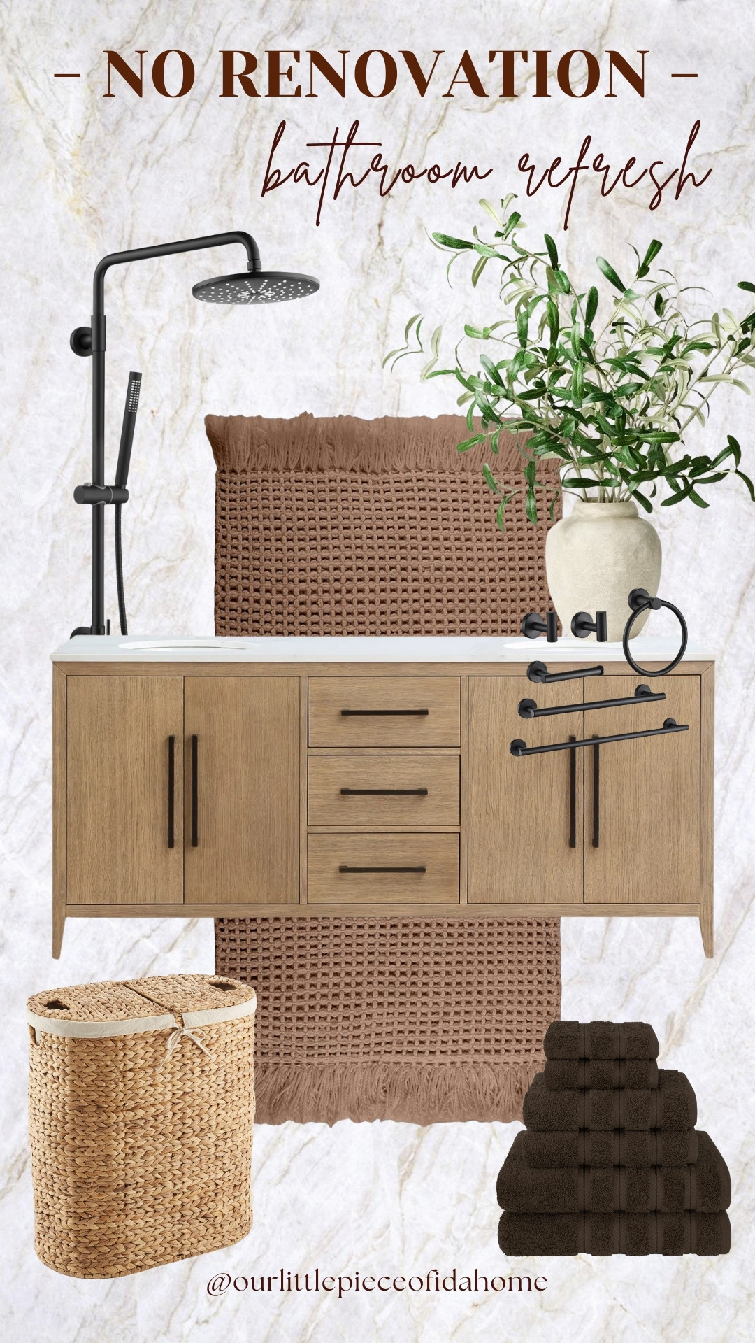 A no renovation approach to refreshing a bathroom.
Warm wood tones, soft texture, and simple black hardware create balance without changing anything permanent.
These pieces work together to make the space feel more intentional and pulled together.
Linked here for reference if you’re planning a quiet, functional update. 

 #LTKU #LTKHome #LTKSaleAlert