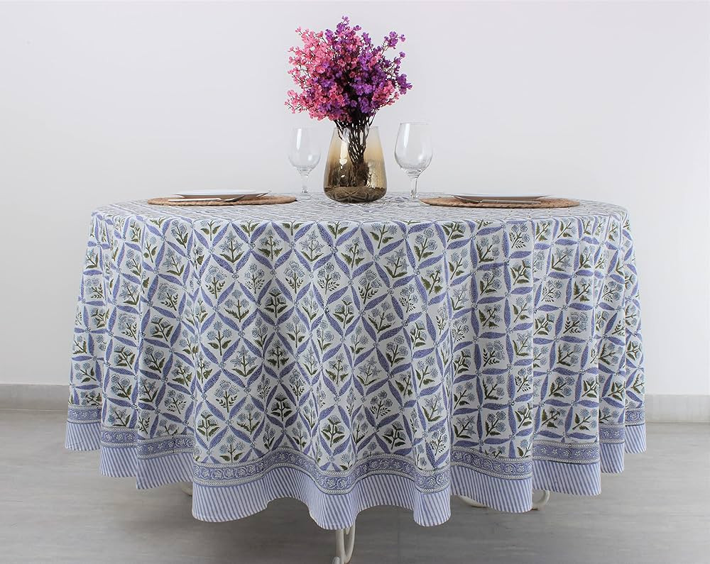 Ridhi Light Steel Blue 100% Cotton Spring Summer Round Tablecloth, Block Print Table Cloth for Di... | Amazon (US)