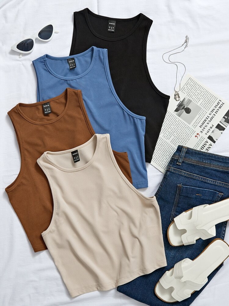 4pcs Rib Knit Solid Tank Top | SHEIN