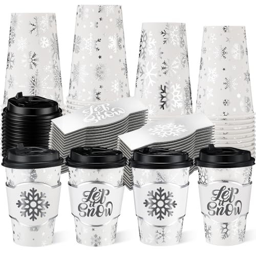 Potchen 100 Sets 12 oz Christmas Disposable Paper Sliver Foil Winter Snowflake Coffee Cups with Lids and Sleeves Bulk for Hot Cold Tea Drinking Winter Birthday Wedding Holiday Party Favors | Amazon (US)