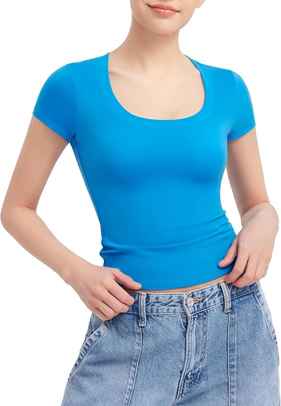 PUMIEY Women's T Shirts Short Sleeve Scoop Neck Basic Going Out Tops Fashion Slim Fit Tee Smoke C... | Amazon (US)