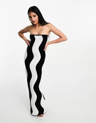 NA-KD bandeau knitted maxi dress in black wave | ASOS (Global)