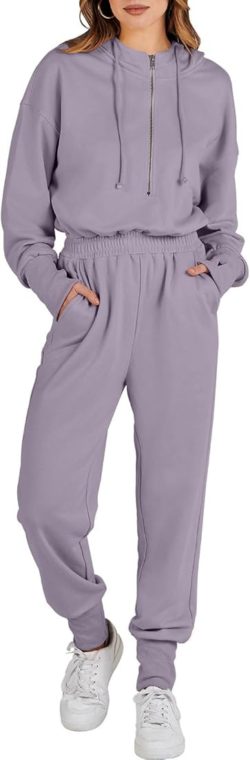 Caracilia Womens Jumpsuit Long Sleeve Zip Up One Piece Casual Lounge Hooded Sweatsuit Sweat Pants... | Amazon (US)