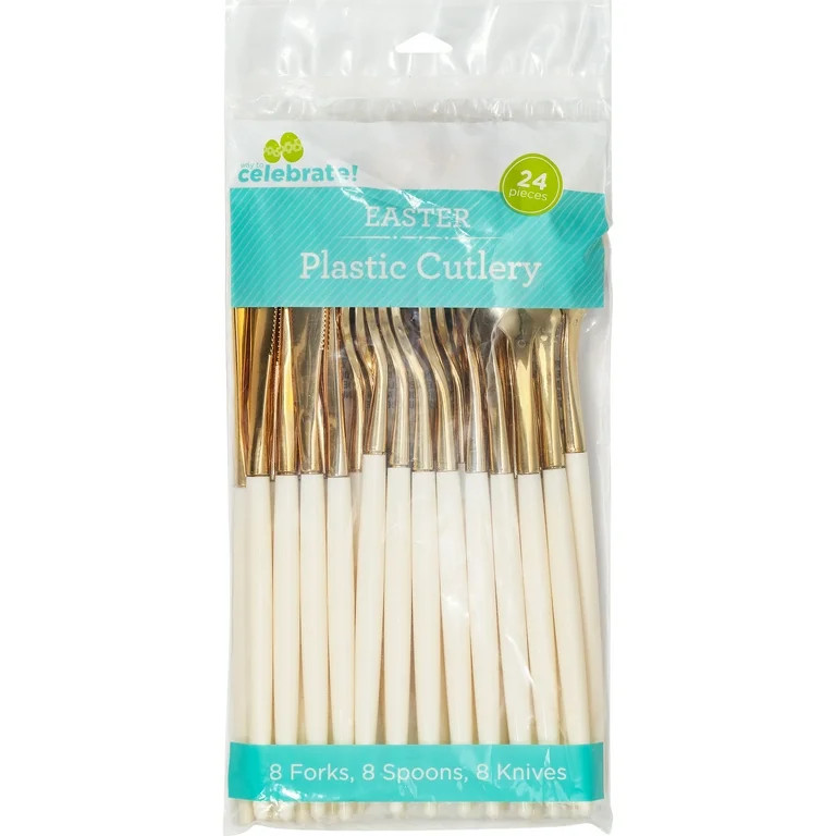 Easter Gold and White 24-Piece Plastic Disposable Cutlery Set, by Way To Celebrate | Walmart (US)