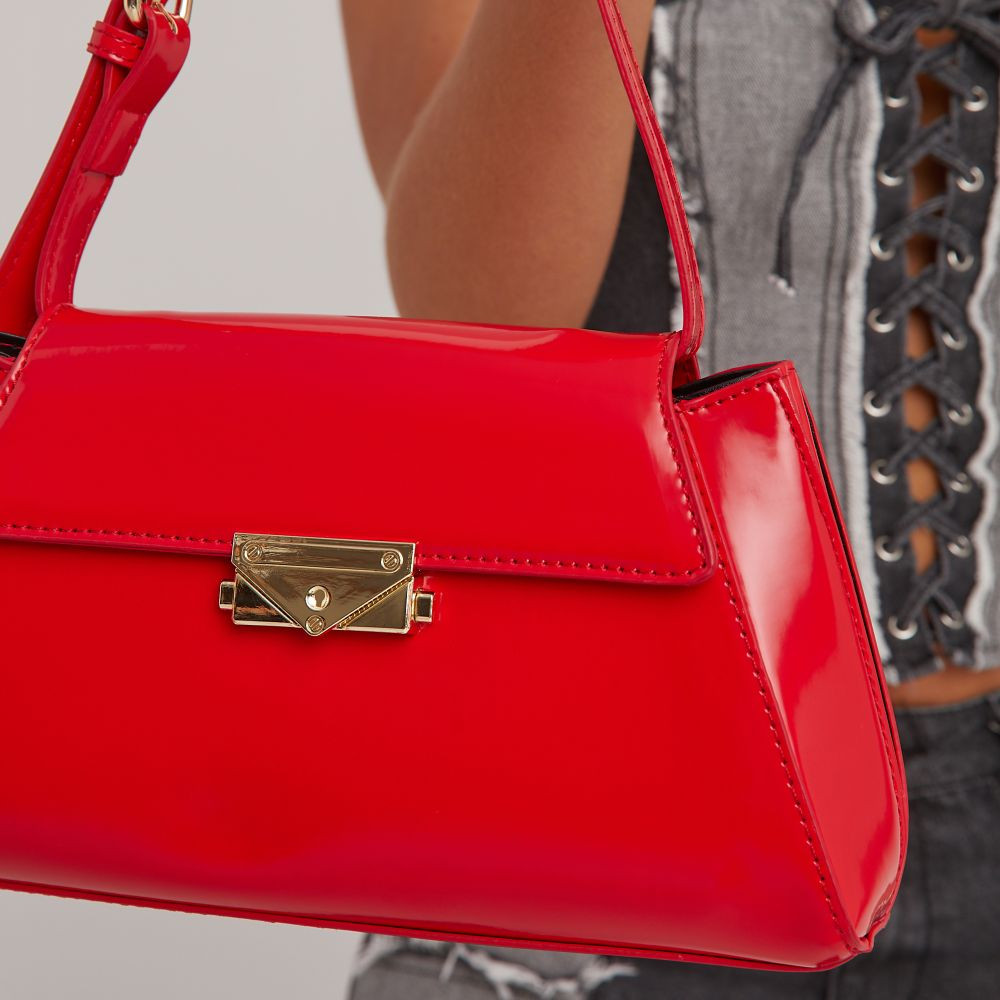 Nathalia Clasp Detail Shaped Shoulder Bag In Red Faux Leather | EGO (UK)