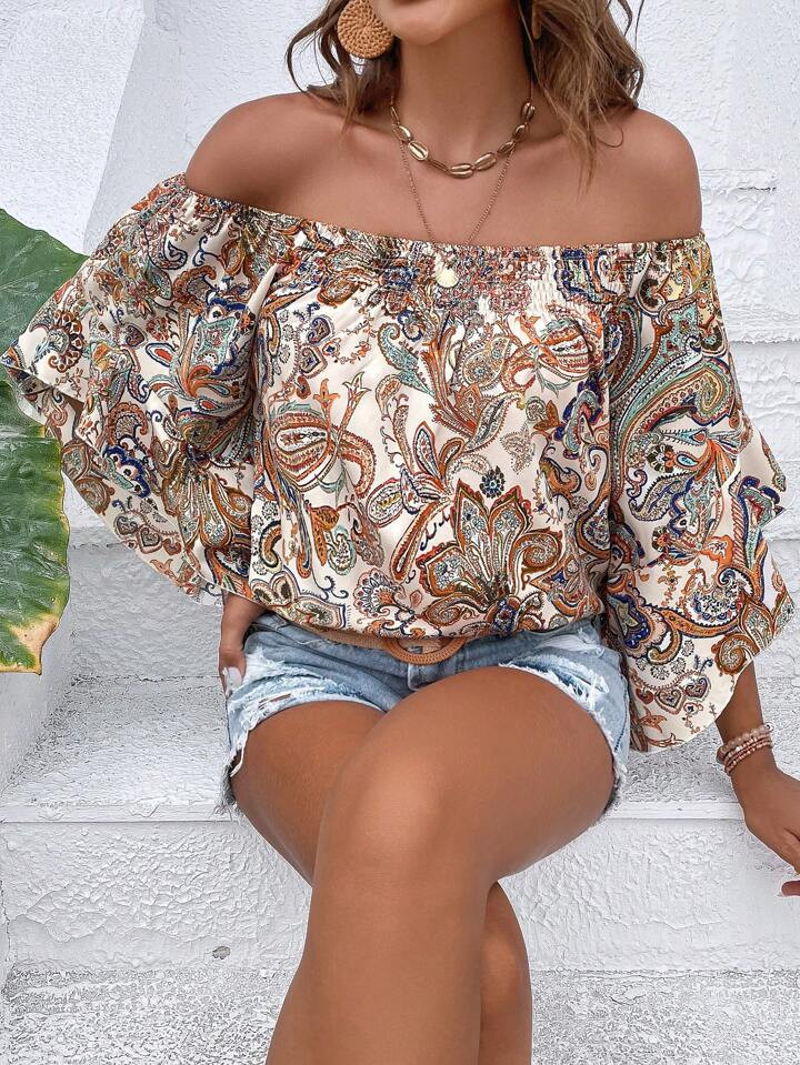 SHEIN Holidaya Paisley Print Off Shoulder Flounce Sleeve Blouse | SHEIN