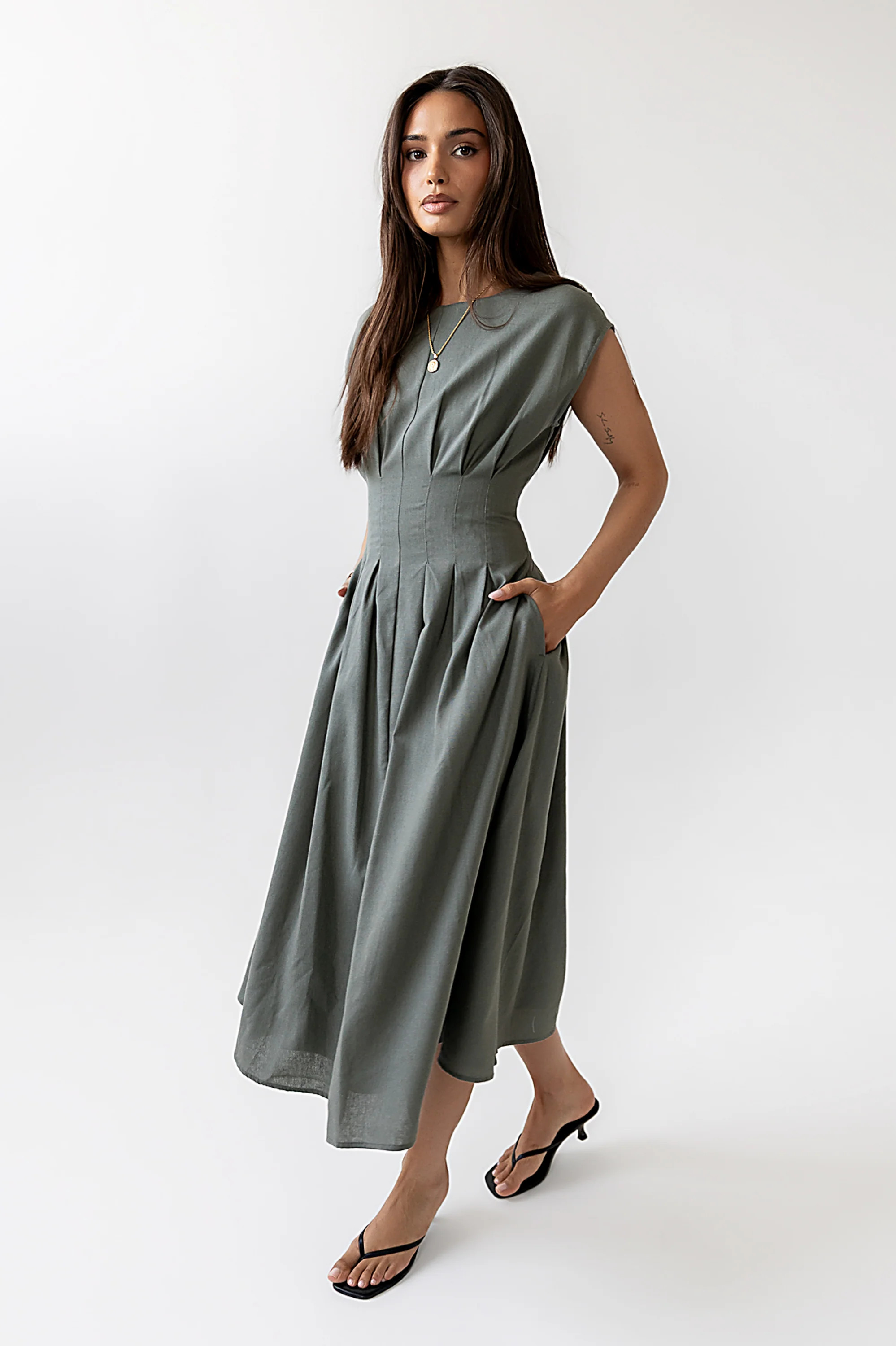 Matilda Pleated Maxi Dress in Olive | Böhme US