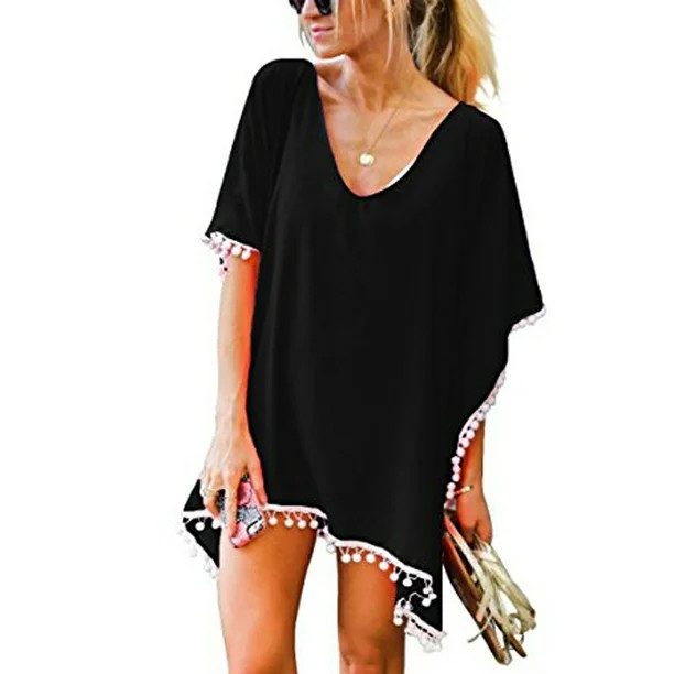 Roliyen Swimsuit Cover-Ups Swimsuit For Women V-Neck Short Sleeve Trim Kaftan Chiffon Tassels Swi... | Walmart (US)
