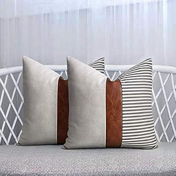 Amazon.com: Set of 2 Farmhouse Decor Stripe Patchwork Linen Throw Pillow Covers ,Modern Tan Faux ... | Amazon (US)