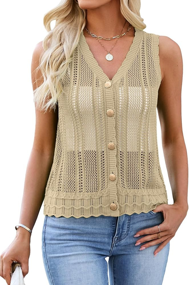 Womens Crochet V Neck Sweater Vest Hollow Out Summer Sleeveless Tops Knit Spring Cardigans Button... | Amazon (US)