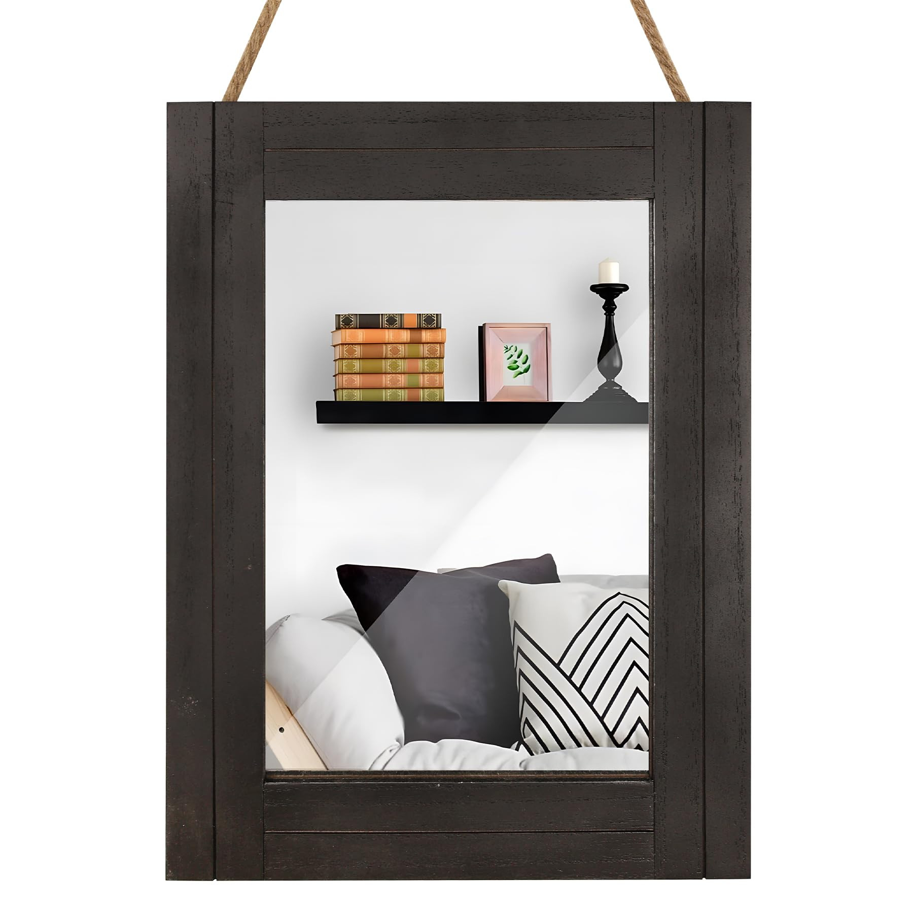 DECORKEY Rectangle Wall Mirror for Bathroom, Distressed White Wood Decor with Hanging Rope for Ru... | Amazon (US)