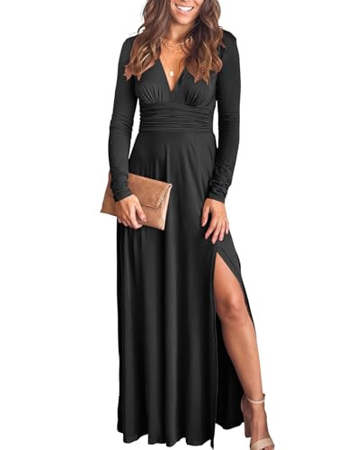 ANRABESS Women Deep V Neck Long Sleeve Slit 2025 Fall Elegant Formal Wedding Guest Cocktail Evening Date Prom Maxi Long Dress Black Large | Amazon (US)