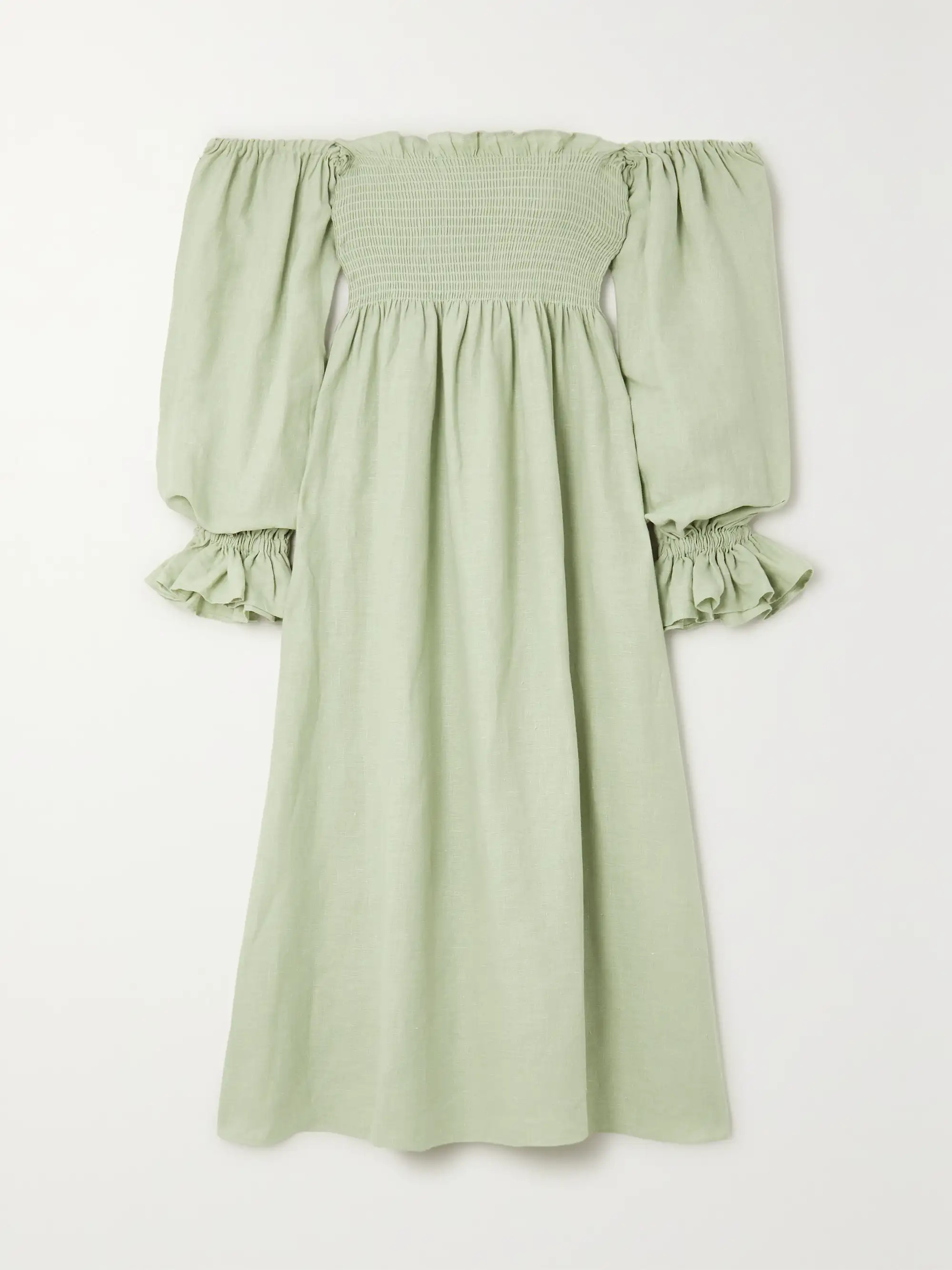 + NET SUSTAIN Atlanta off-the-shoulder shirred organic linen midi dress | NET-A-PORTER (UK & EU)