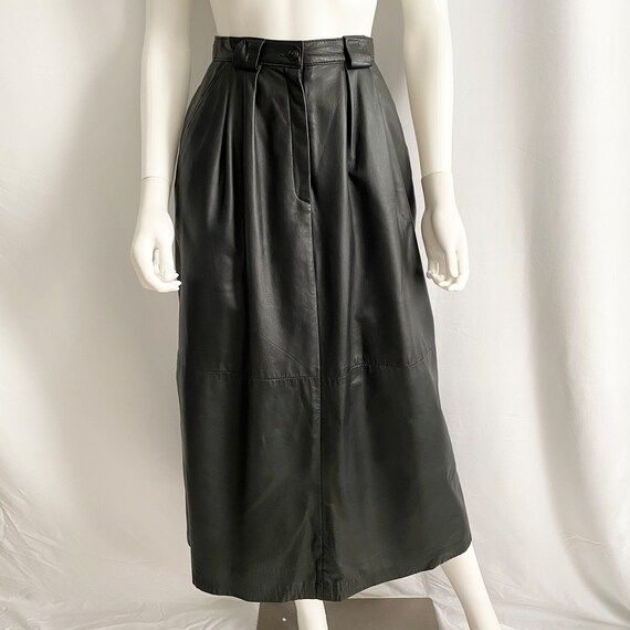Vintage 80s black leather pleated midi skirt | Etsy (US)