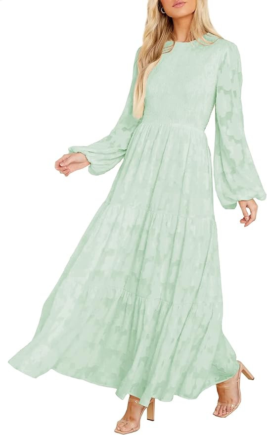 MITILLY Women's Elegant Floral Long Sleeve Round Neck Smocked A-Line Flowy Tiered Maxi Dress with... | Amazon (US)