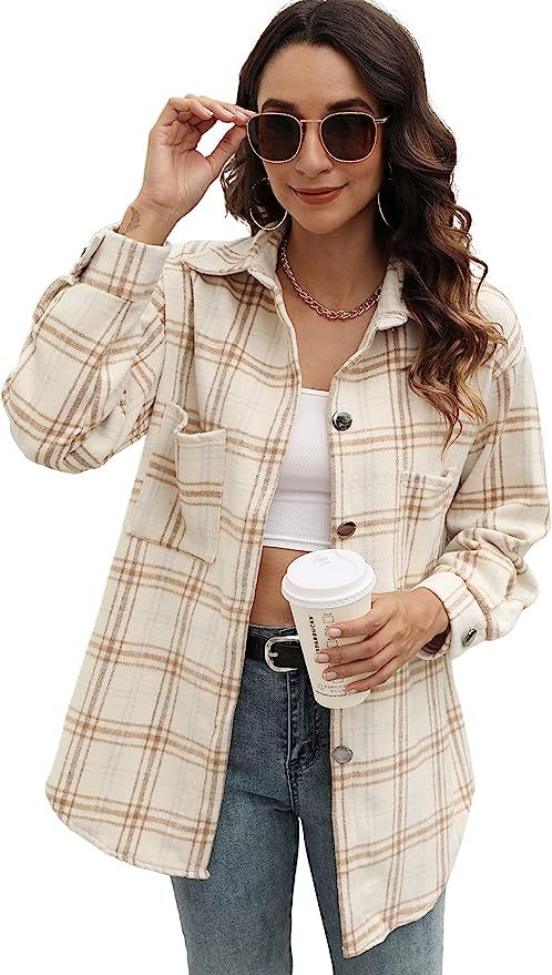 Qiaomai Women's Casual Plaid Shacket Fall Jacket Flannel Wool Blend Button Down Shirt | Amazon (US)