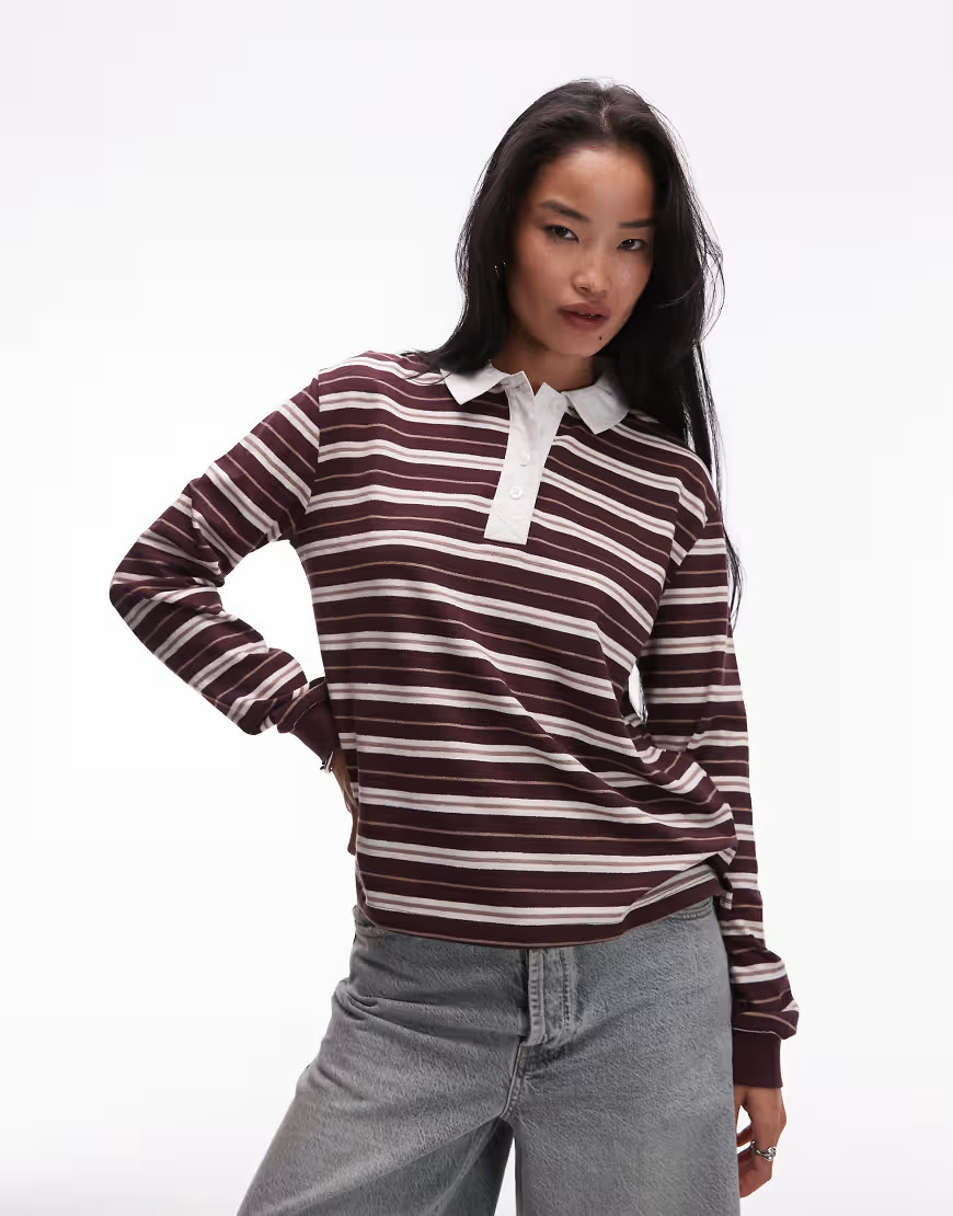 ASOS DESIN oversized rugby shirt in textured burgandy stripe | ASOS (Global)