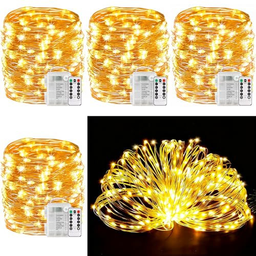 ANGMLN 4 Pack Timer Fairy Lights Battery Powered Outdoor Total 132Ft 400 LED, String Lights with 8 Modes Remote, Waterproof Twinkle Lights for Garden Bedroom Party Xmas Trees Patio Decor (Warm White) | Amazon (CA)