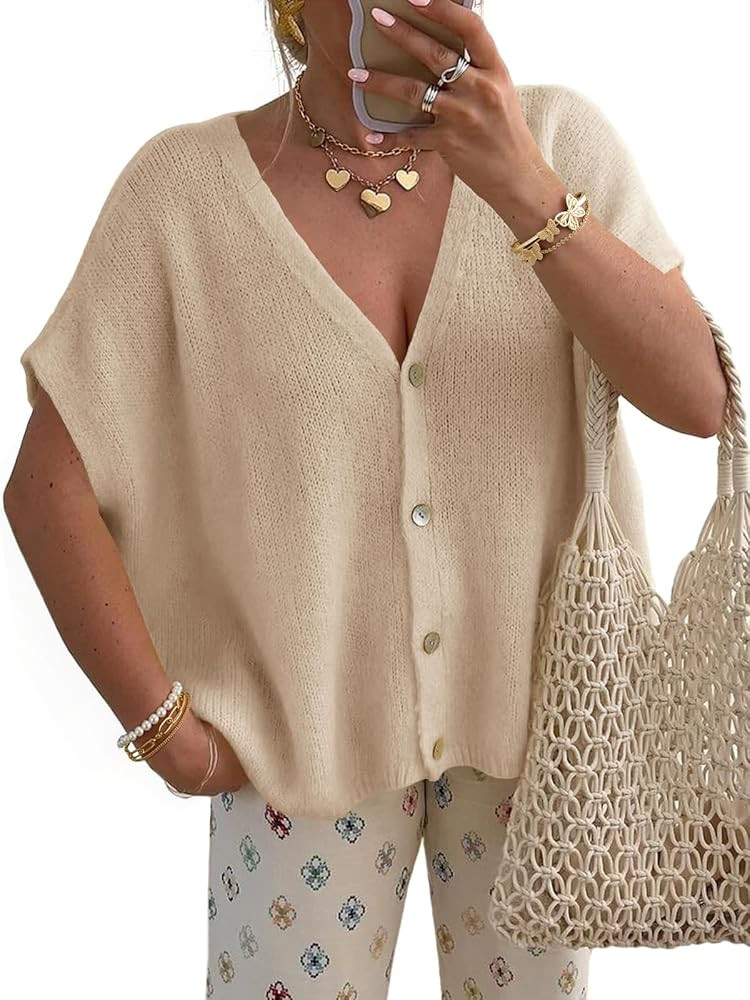 Womens Summer Short Sleeve Sweater Cardigan Lightweight Casual V-Neck Summer Tops Loose Fit Summe... | Amazon (US)