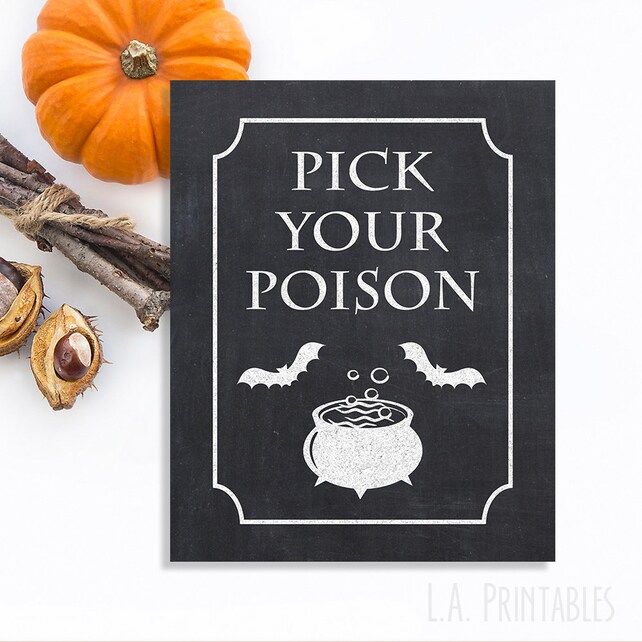 Pick Your Poison Halloween Party Sign, Chalkboard Style Halloween Party Sign, Halloween Print, Bat,  | Etsy (US)
