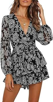 AIMCOO Women's Floral Print Deep V-Neck Romper Double Layer Ruffle Hem Jumpsuits Long Baggy Sleev... | Amazon (US)