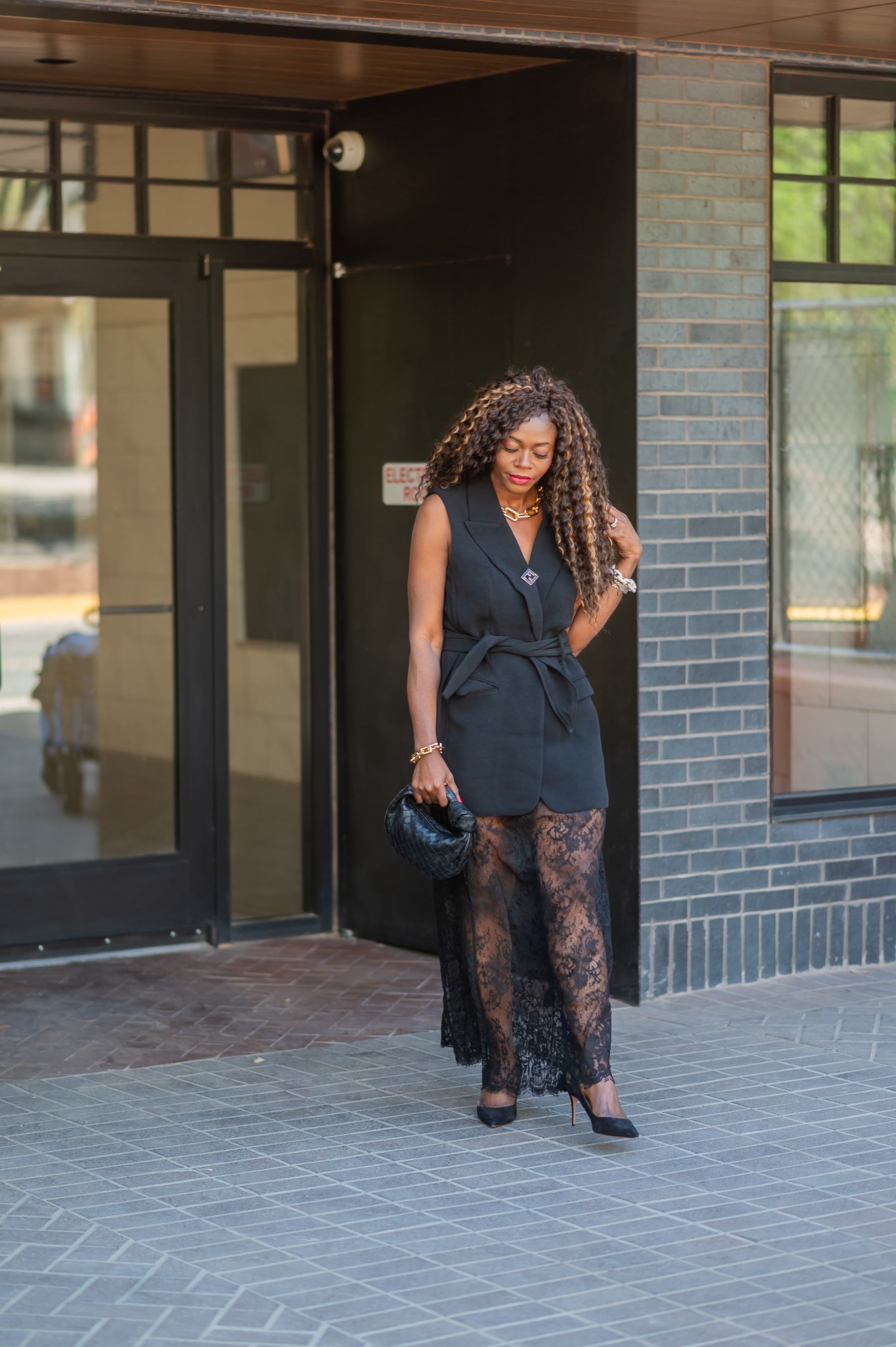 Styling lace! One way to style lace by pairing with an oversized vest or blazer!!