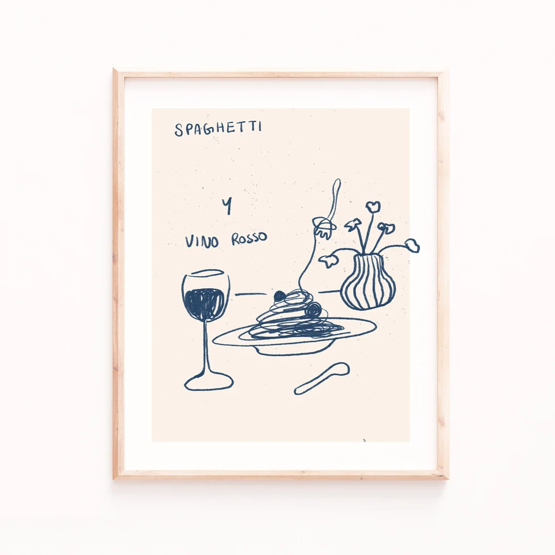 Pasta and Red Wine Poster, Kitchen Wall Art, Line Painting, Blue and White, Modern Dining Room Pr... | Etsy (US)