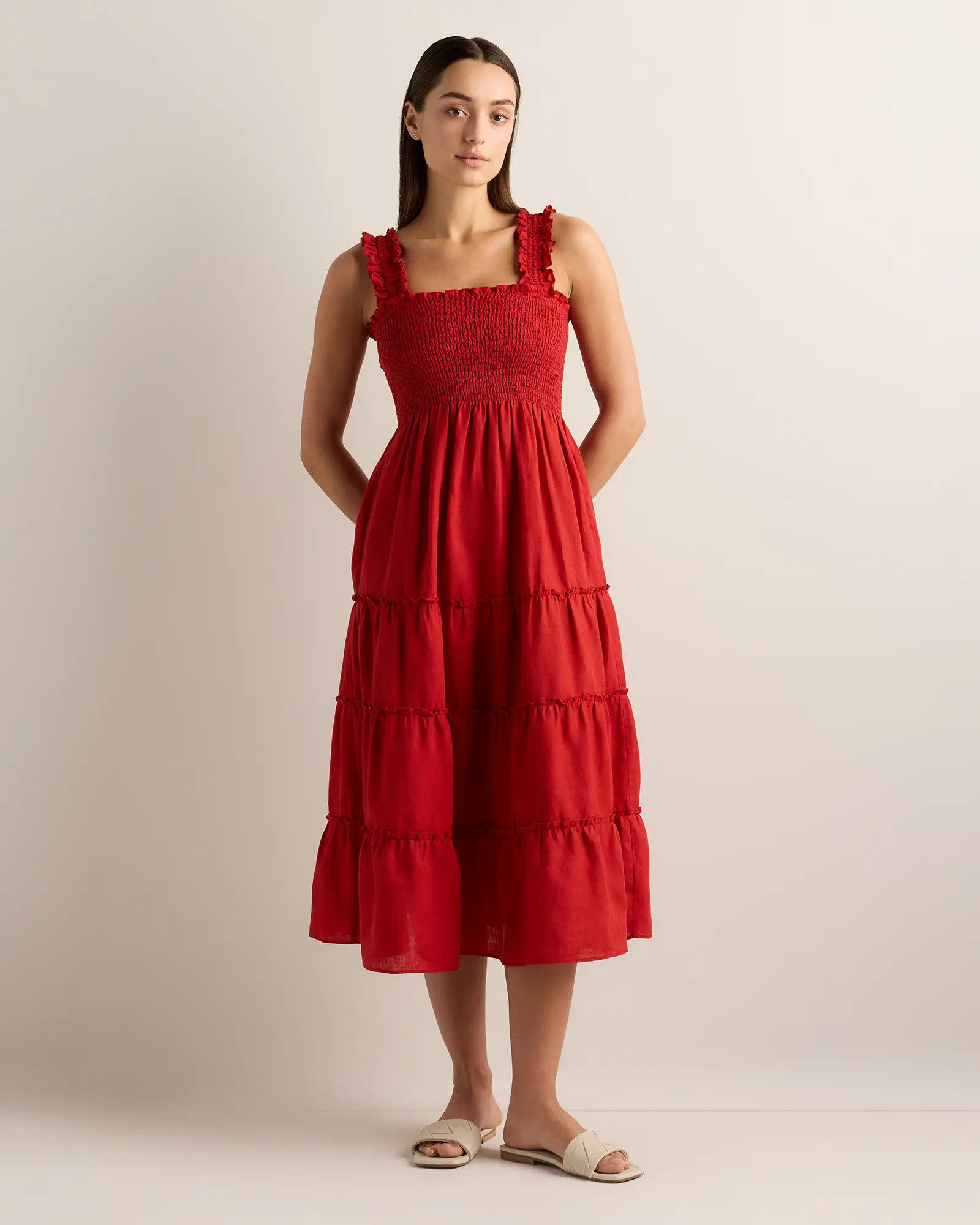 100% European Linen Smocked Midi Dress in Chile | Quince
