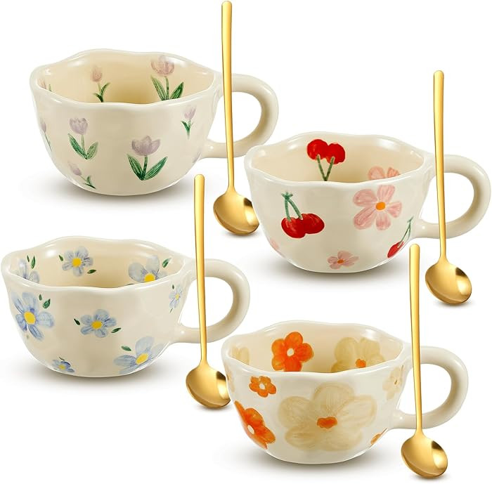 Vesici 4 Styles Cute Ceramic Flower Coffee Mug Set 8.5 oz Christmas Vintage Aesthetic Floral Tea ... | Amazon (US)