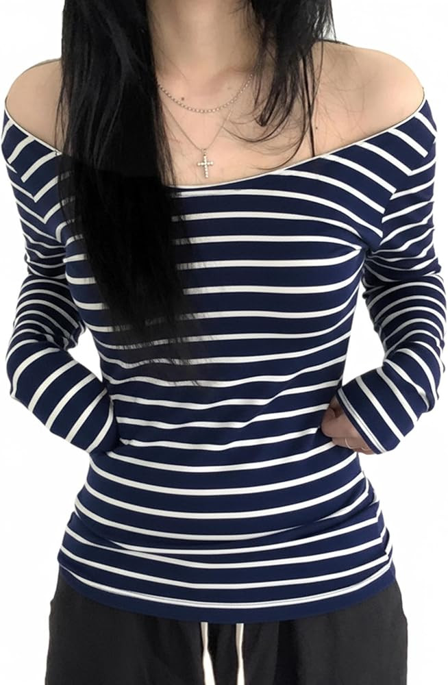 EMMIOL Off The Shoulder Tops for Women Striped Long Sleeve Shirts Going Out Top Y2k Fall Clothes | Amazon (US)