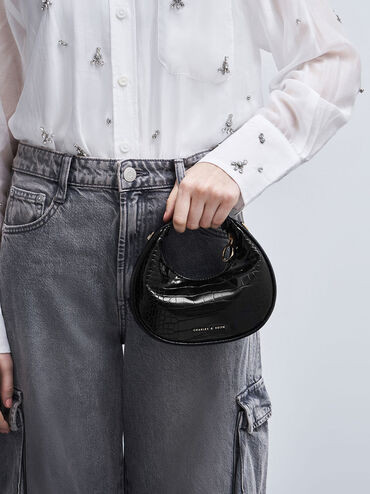 Black Mini Croc-Effect Moon Bag | CHARLES & KEITH | Charles & Keith US
