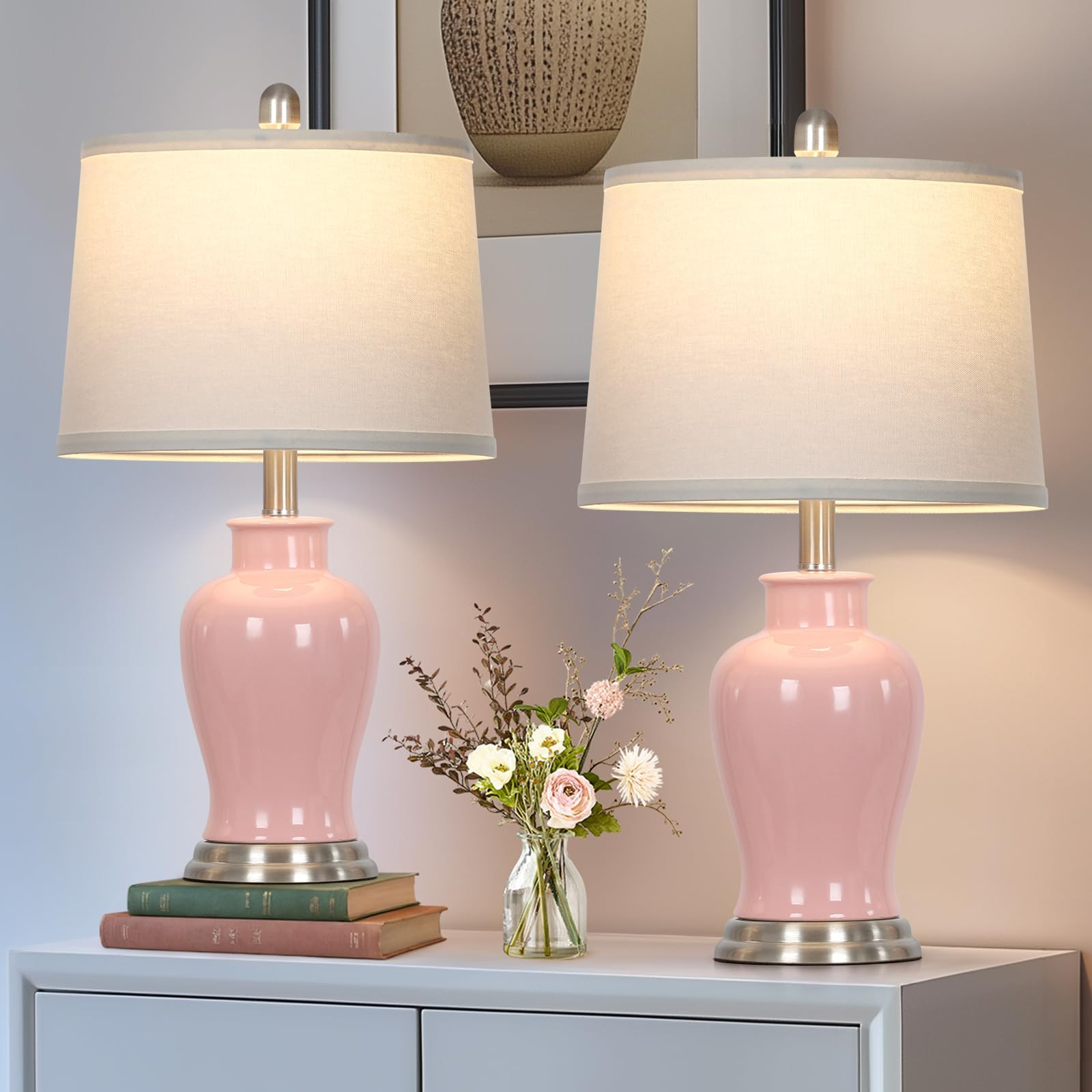 23" Ceramic Table Lamps Set of 2, Modern Ceramic Lamps for Living Room, Cute Bedside Lamps with G... | Amazon (US)