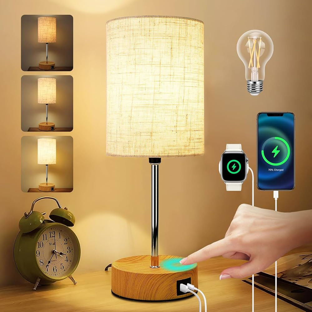 Bedside Table Lamp for Bedroom with USB Port - Touch Small Lamp Wood 3 Way Dimmable Nightstand La... | Amazon (US)