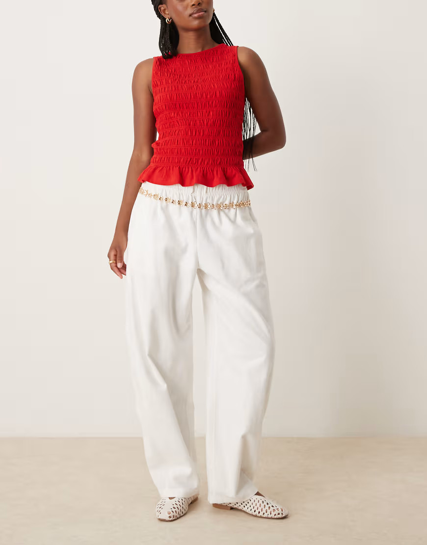 Abercrombie & Fitch tie waist barrel leg pull-on pants in white | ASOS (Global)