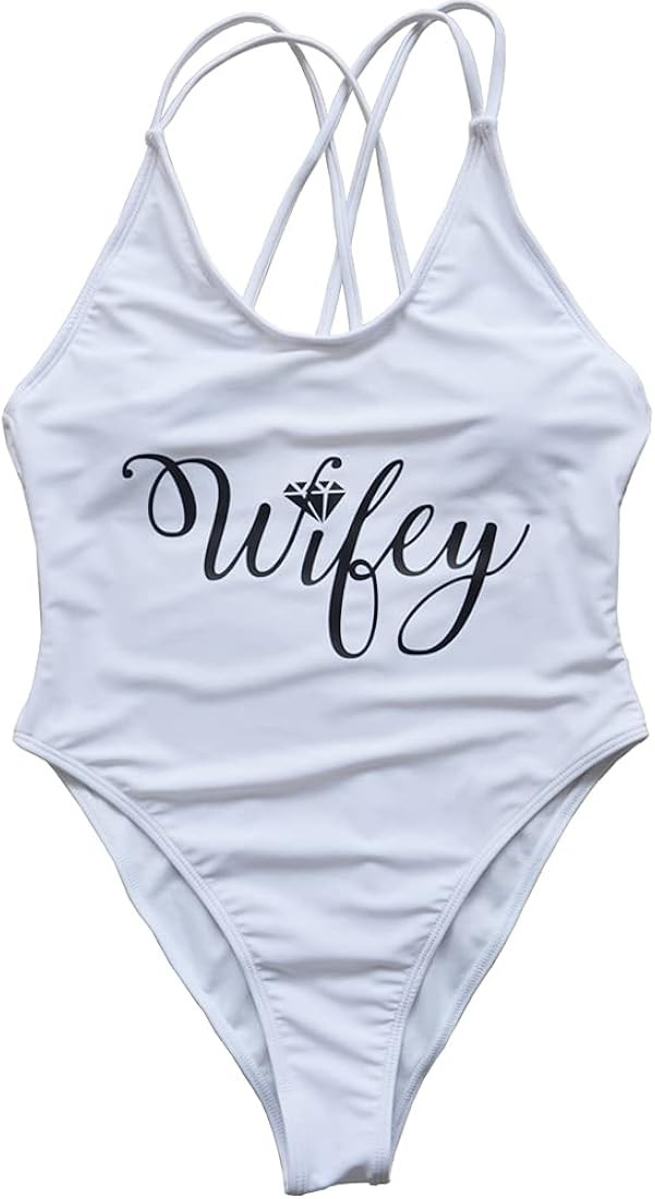 MUZHI Women Bride Wifey One Piece Bathing Suit High Cut Beach Wear Monokini Cross Back with Pad | Amazon (US)
