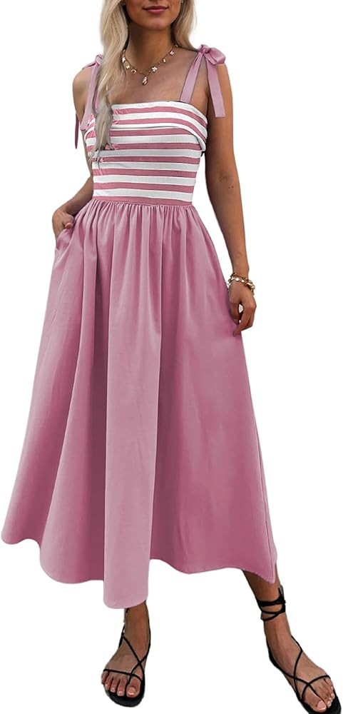 Women Summer Tie Spaghetti Strap Striped Dresses Sleeveless Stretch Flowy Maxi Sundress Beach Dre... | Amazon (US)