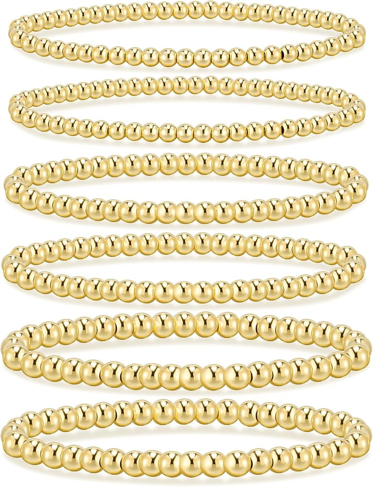 adoyi Gold Bracelets for Women, 14K Gold Plated Beaded Bracelets Gold Stretch Bead Ball Bracelet ... | Amazon (US)